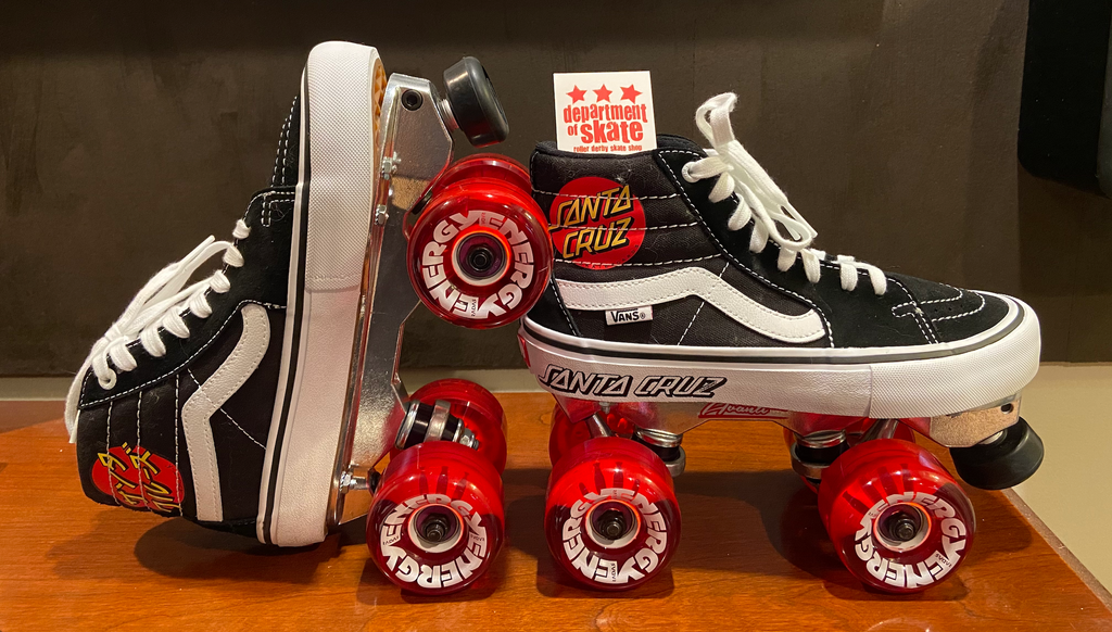 Custom Shoe Skates, Black Vans on a SureGrip Avanti Aluminum plate, with red Radar Energy wheels